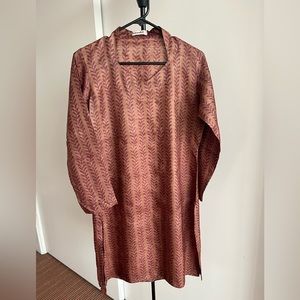 Fabindia Kurta tunic hand block print 100% handwoven silk dusty rose 🌹 & Maroon